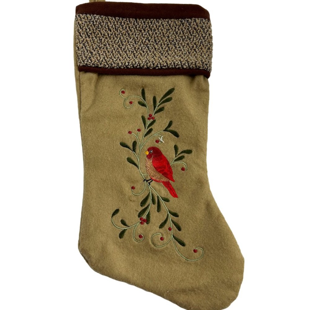 Santas Best Stocking Christmas Eve Felt Embroidered Bird Tan Green 18"